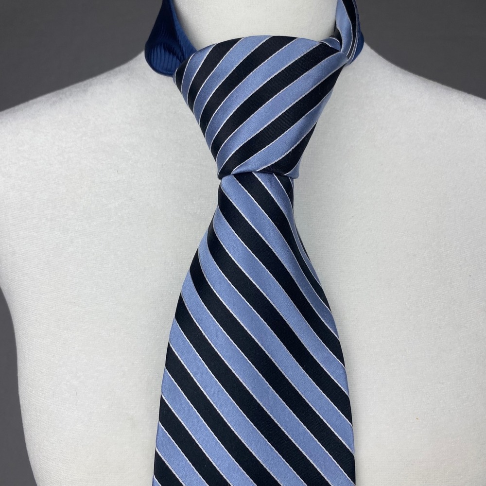 Tommy Hilfiger Mens Silk Necktie Navy Blue Light Blue White Striped Made in USA